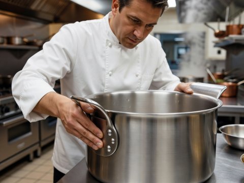 Chef inspecting heavy triple rivets and flared pouring rim on a stainless steel rondeau brazing pot