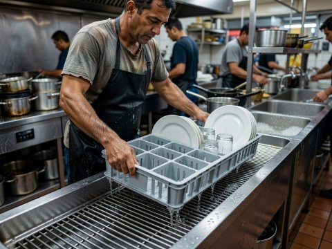 Kitchen worker sliding a compartmentalised polypropylene dish rack onto a stainless drainboard