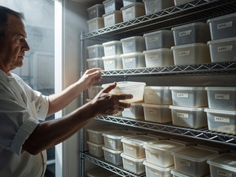 Cook sliding a dated square food storage container onto a wire walk-in shelf in bright natural light